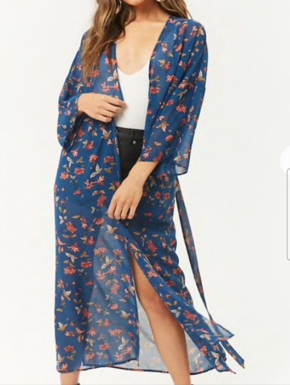 Forever 21 Blue Floral Sheer Maxi Kimono Robe Oversized